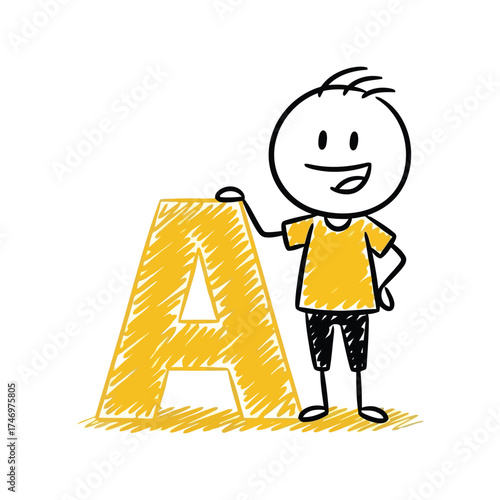 Happy stick figure boy with large yellow letter a illustration vector