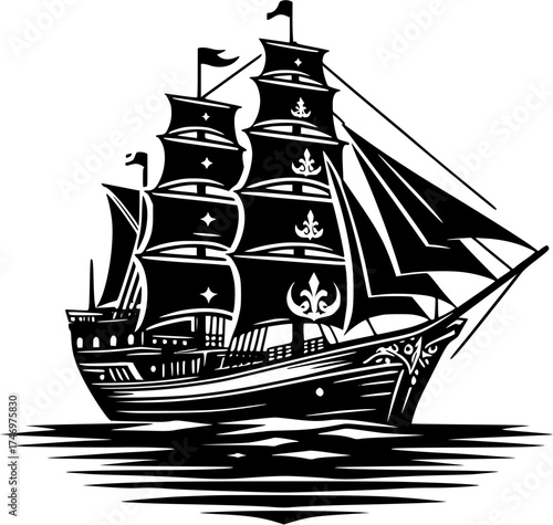 sail ship on the sea, Vector illustration of a majestic Viking sailing ship, Drakkar type, sailing the ocean. This design symbolizes courage, exploration and the legendary spirit of adventure