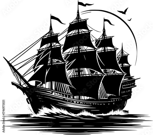 sail ship on the sea, Vector illustration of a majestic Viking sailing ship, Drakkar type, sailing the ocean. This design symbolizes courage, exploration and the legendary spirit of adventure