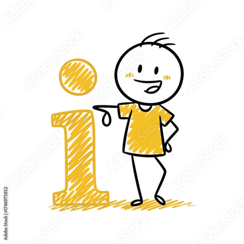 Stick figure character next to golden information icon representing knowledge and help vector