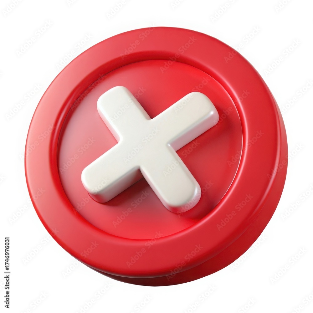 Fototapeta premium Red circular button with a white cross symbol isolated on white background