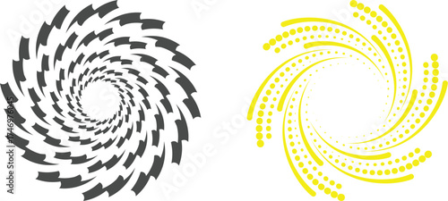 Abstract Swirls: Black and White Geometric and Yellow Dot Patterns
