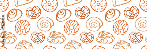 Hand drawn pastry seamless pattern. Cute doodle crayon croissants, pretzels and donuts on white background. Playful bakery background
