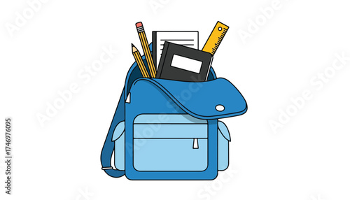 A blue backpack is open and filled with school supplies including pencils, a notebook, ruler, and paper.
