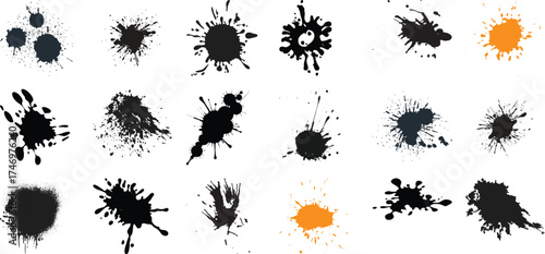 Collection of Black and Orange Ink Splatter and Paint Splashes