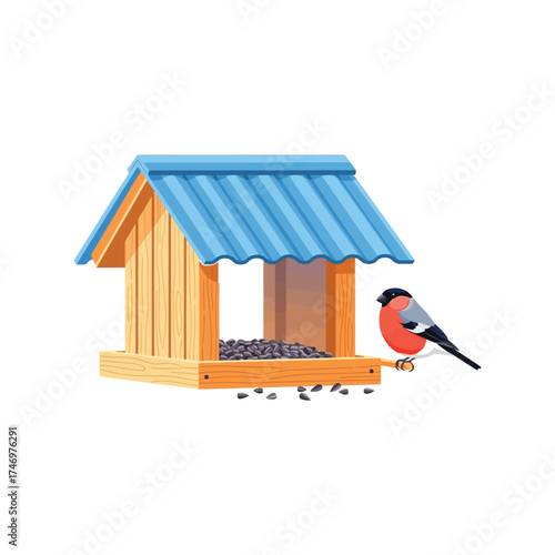 Wooden bird feeder with blue roof and bullfinch bird eating seeds vector