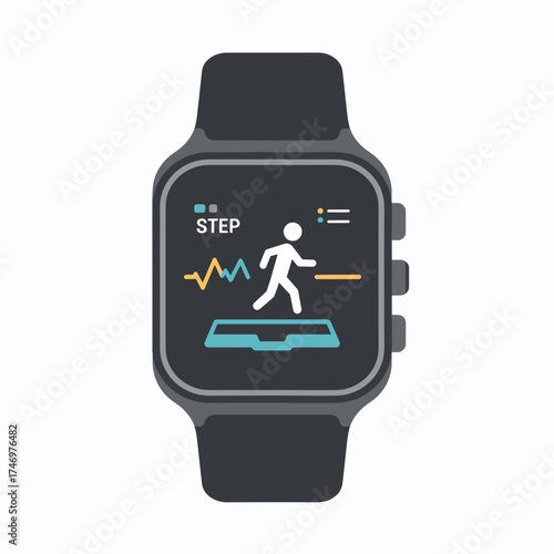 Modern smartwatch displaying steps and fitness data for a healthy lifestyle, promoting wellness and digital health tracking, originally a scalable vector graphic