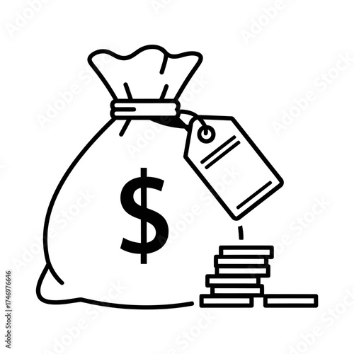 Money bag with dollar sign coins and price tag simple icon for finance and commerce vector