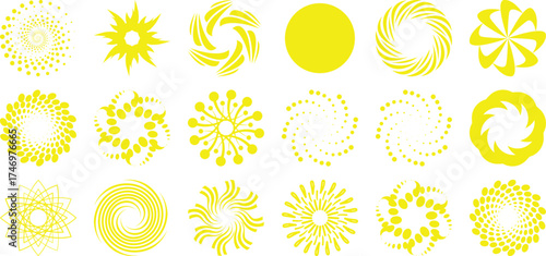 Collection of Yellow Abstract Swirls, Spirals, and Starburst Designs