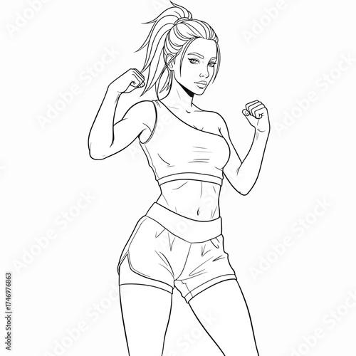 Dynamic athletic woman in fitness attire, strong physique, powerful female figure, self defense pose, confident and ready for action, empowerment design