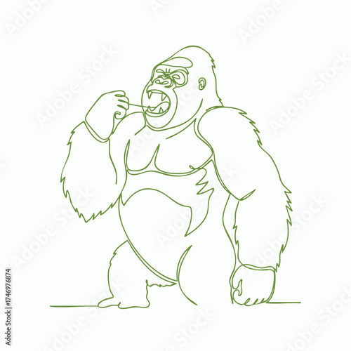 A stylized line drawing of a large, muscular gorilla with an aggressive expression, holding a stick in its mouth, emphasizing strength and wild nature