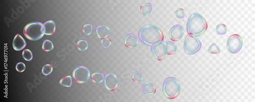 Colorful soap bubbles swirl effects with transparent spheres along curved paths. Bright, dreamy bubbles