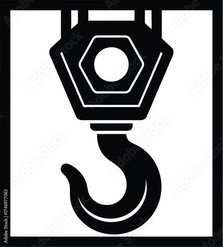 A black and white graphic illustration of a heavy-duty industrial crane hook hanging from a pulley system.