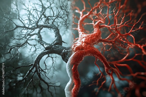 Visualizing a human artery network, showing the contrast between a healthy, vibrant red vessel and a diseased, constricted view