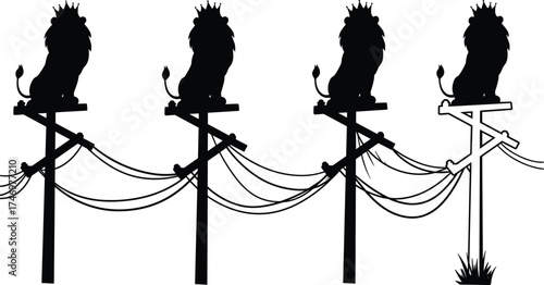 Set of crowned lion silhouettes sitting on utility poles, surreal symbolic fantasy illustration, regal animal artwork, whimsical creative design concept