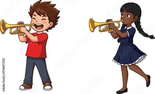 Cartoon children playing trumpet, music education for kids, joyful musical performance, school band illustration, creative expression, fun learning activity