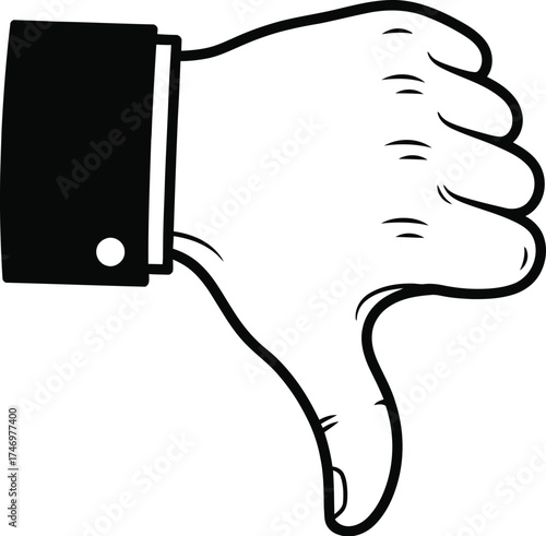 A hand with a suit sleeve giving a thumbs down gesture, indicating disapproval or dislike.