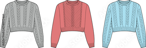 Sweater Cropped Cable Knit Chevron Pullover Apparel Clothing Fashion Outfit Garment Textile Illustration Drawing Design Casual Women Stylish Modern Trendy Ribbed Cuffs Hem Cozy