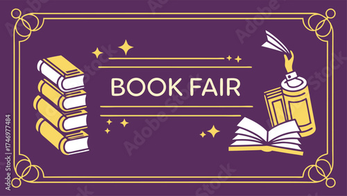 Charming book fair announcement with classic design elements for school events, library promotions, and literary festivals or workshops