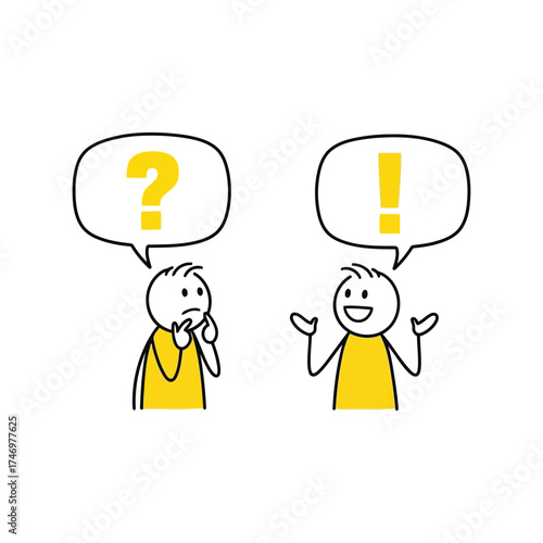 Stick figures contemplating question and having an idea or exclamation vector