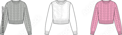 Sweater Cropped Cable Knit Laceup Chevron Pullover Apparel Clothing Fashion Outfit Garment Textile Illustration Drawing Design Casual Women Stylish Modern Trendy Ribbed Cuffs Hem