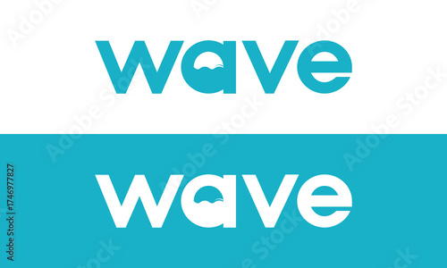 Modern wave logo design featuring ocean wave icon on blue and white background for creative brand identity