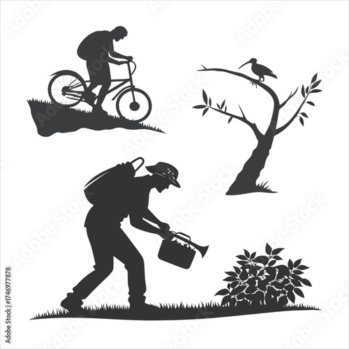 Silhouette of Farmer Watering Plants and Cyclist in Nature