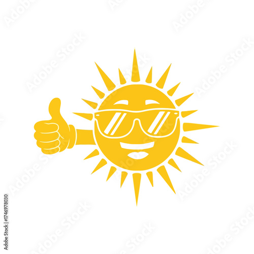 Smiling sun character wearing sunglasses giving thumbs up icon symbol graphic illustration vector