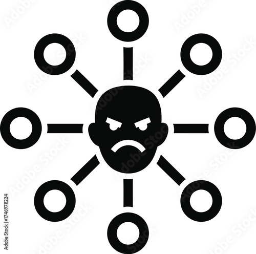 Illustration of an angry face connected to multiple circles, symbolizing a network or influence.