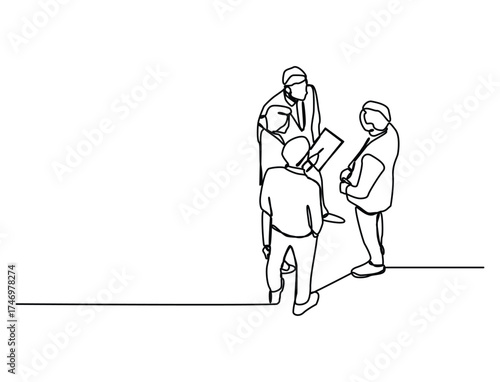 Continuous one line art of young businessmen chatting on business conference event from top view. Business discussion at office concept. 
