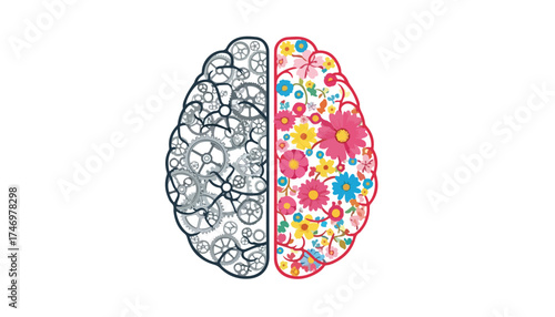 A graphic illustration depicting the human brain, divided into mechanical and floral halves.