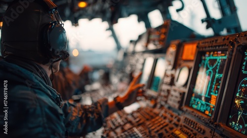 Navigating the Skies: Inside the cockpit, a pilot's focused concentration, guiding the plane through a network of instruments, screens, and flight controls.