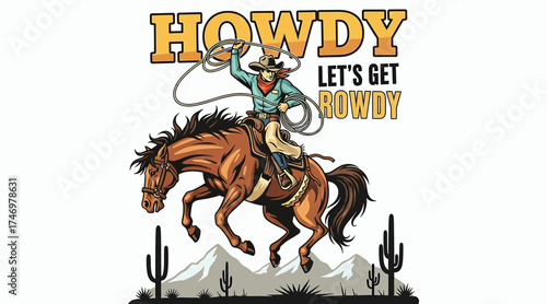 Vector art of a vibrant illustration showcases a cowboy riding a horse, lasso in hand, set against a backdrop of cacti and mountains, embodying the spirit of the wild west
