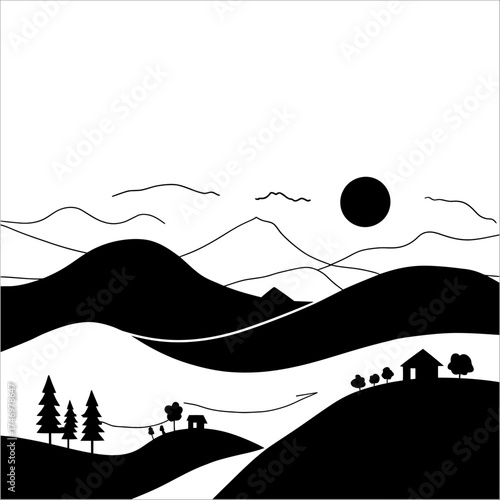 Minimal black mountain silhouette design on white background with calm and simple landscape