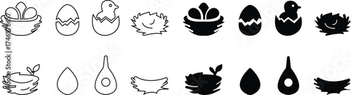 vectors of stylized bird nests with eggs and birds icon set, for logos and design elements, Eggs, Nature, Wildlife, Tree Branch, Shelter, Parenting, Animal Habitat, Environment, and Natural Care