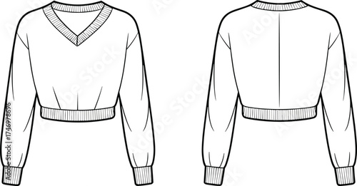 Sweater Cropped Fashion Apparel Garment Knitwear Pullover Clothing Illustration Sketch Design Technical Flat Drawing Template Vector Outline Ribbed Neckline Cuffs Waistband Seam