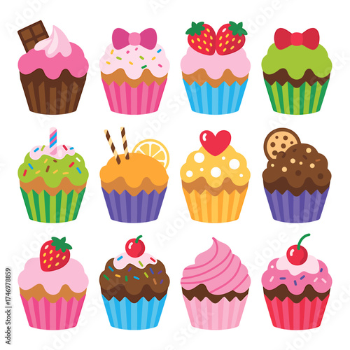 Collection of Twelve Delicious and Colorful Cupcakes with Various Toppings on a White Background Perfect for Parties and Celebrations