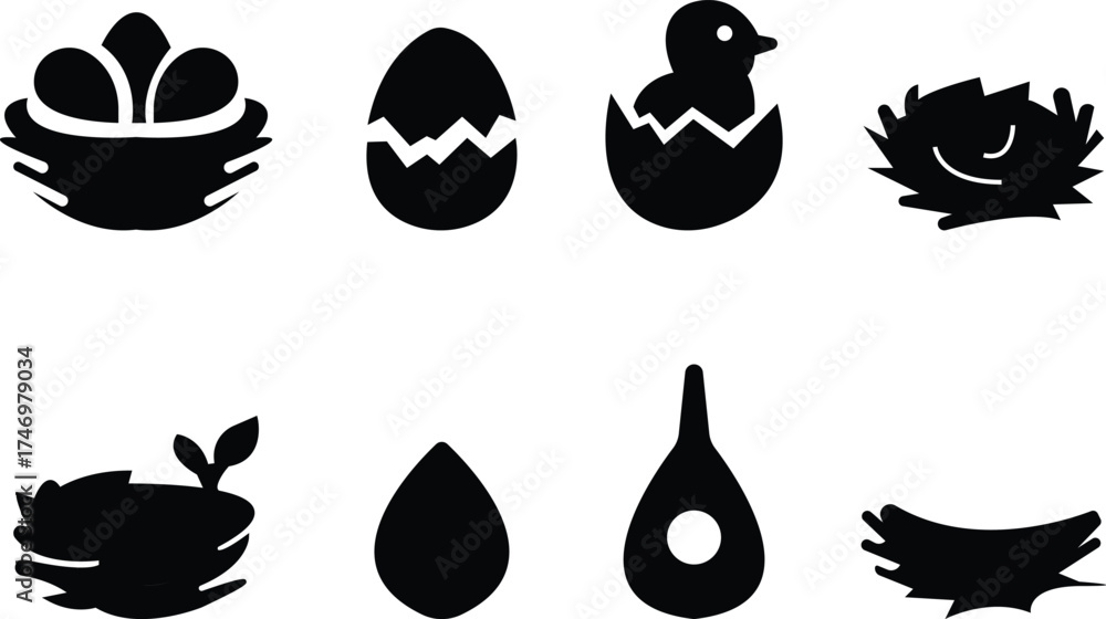 Fototapeta premium vectors of stylized bird nests with eggs and birds icon set, for logos and design elements, Eggs, Nature, Wildlife, Tree Branch, Shelter, Parenting, Animal Habitat, Environment, and Natural Care