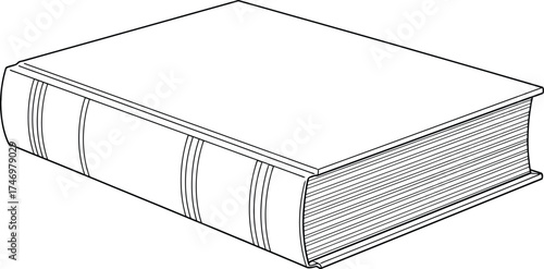 Line art drawing of a closed book with a decorative spine, viewed from an angle.