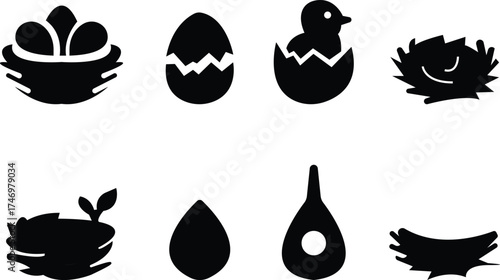 vectors of stylized bird nests with eggs and birds icon set, for logos and design elements, Eggs, Nature, Wildlife, Tree Branch, Shelter, Parenting, Animal Habitat, Environment, and Natural Care