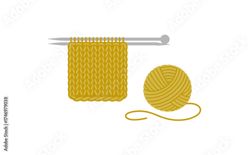 Golden Yarn and Knitting Needles with Knitted Fabric Illustration for Crafts and Hobbies Projects