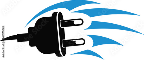 A black electrical plug with two prongs and a cord, surrounded by blue speed lines.