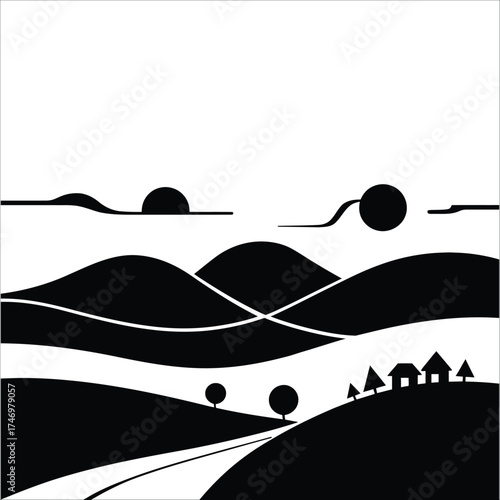 Minimal black mountain silhouette design on white background with calm and simple landscape
