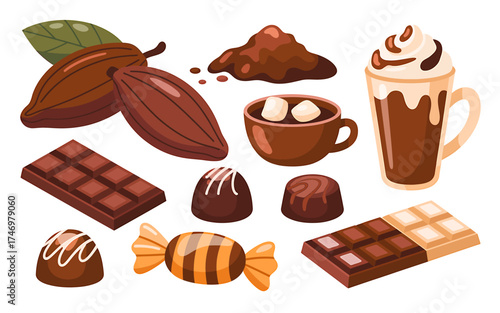 Delicious Chocolate Assortment Featuring Cocoa Beans Powder Truffles Hot Chocolate and Candy for Sweet Treats
