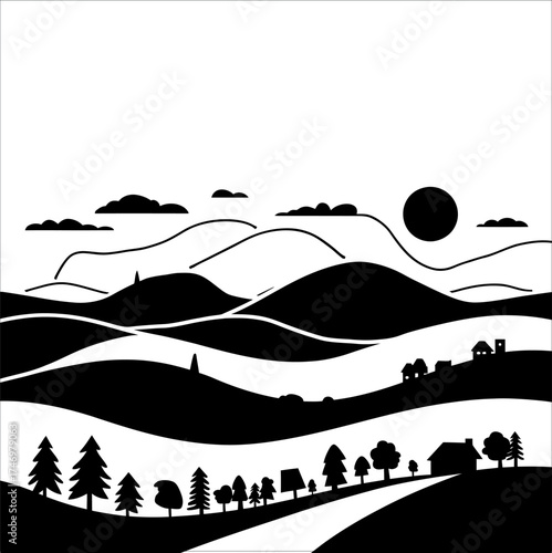 Minimal black mountain silhouette design on white background with calm and simple landscape