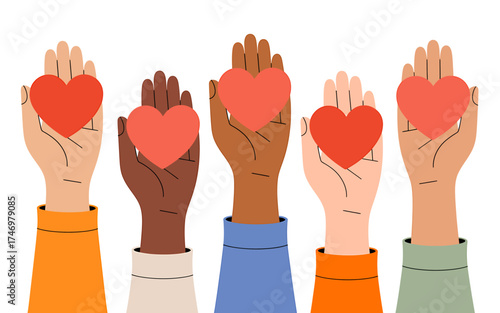 Diverse Hands Holding Red Hearts Illustration for Love Charity and Support Concepts representing unity and connection