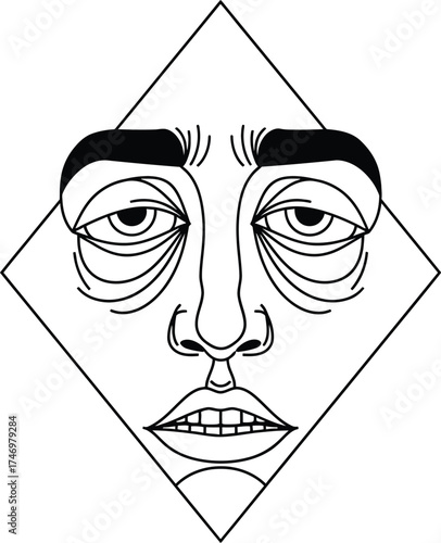 Black and white line art illustration of a stylized, tired-looking face with prominent under-eye bags, enclosed within a diamond shape.