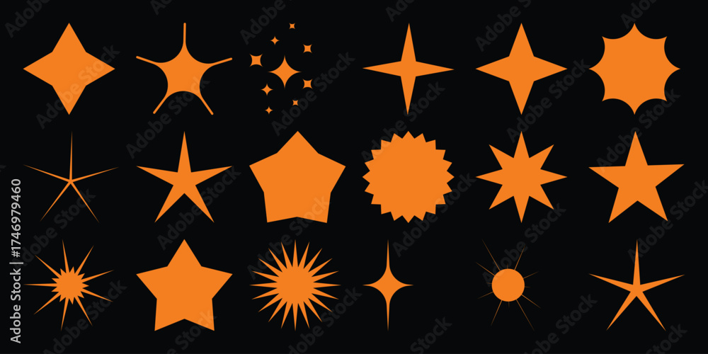 Obraz premium Collection of Orange Star Shapes and Sparkle Icons on Black Background