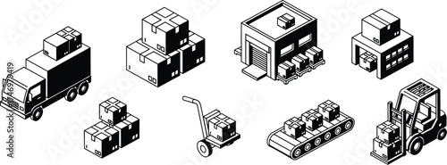 Isometric illustration of logistics and delivery elements including truck, boxes, warehouse, conveyor belt, and forklift.