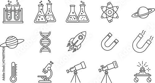 A collection of black and white line art icons representing various scientific concepts and equipment.